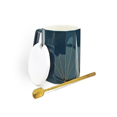 Керамична чаша с метална лъжичка - МАСЛЕНО ЗЕЛЕНА със ЗЛАТО